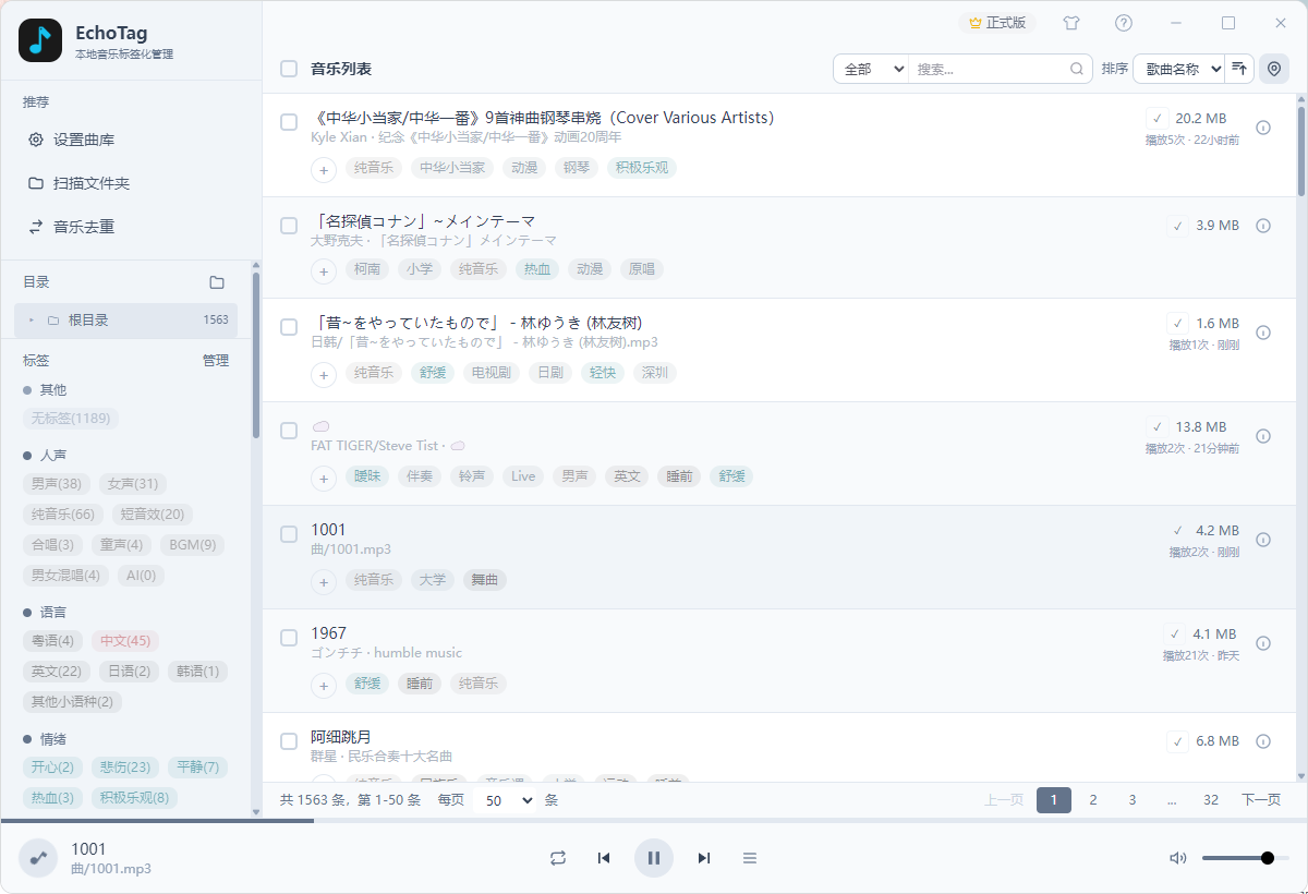EchoTag 桌面端主界面截图 - 音乐库管理